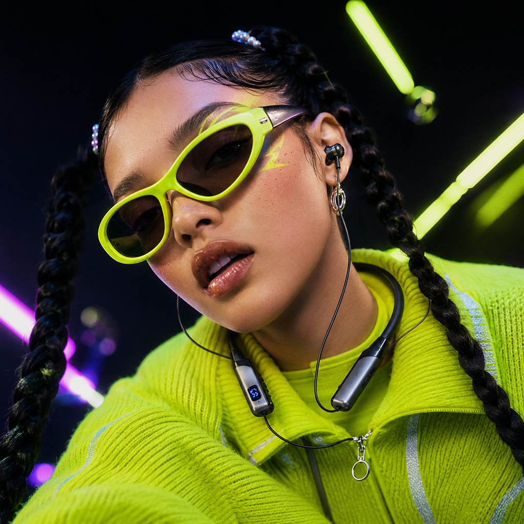 Model wearing GizmoFuze earphones